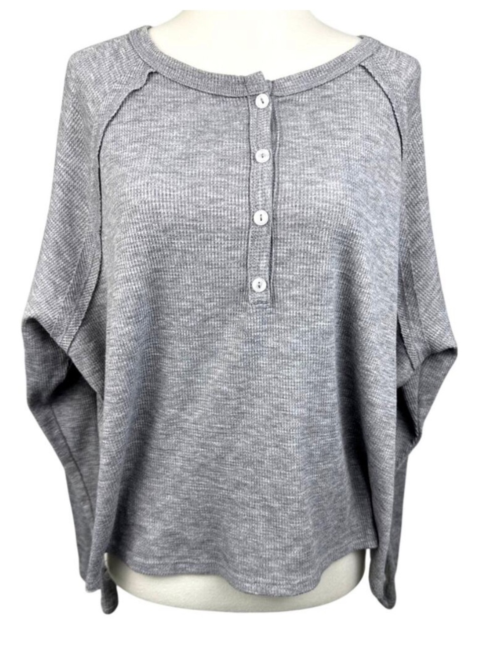 Carly Jean Gray Waffle Knit Thermal Top Cropped Henley Large